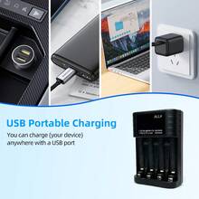 شاحن بطارية ذكي ALL4 ب- 4 فتحات مع شاشة LCD، محطة شحن USB-C سريعة لبطاريات AA AAA Ni-MH Ni-CD Li-Ion القابلة للشحن، معتمد CE للمنزل والمكتب والسفر. البطاريات غير مشمولة. للعرض فقط. - الأسود - مشاهدة 4