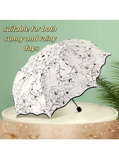 Ô dù che nắng và mưa họa tiết hoa dâm bụt độc đáo - Ô dù tròn gấp gọn cổ điển với trục sắt, mở bằng tay, đồ nội thất ngoài trời đa năng, bao gồm tấm che, dễ dàng vệ sinh.