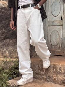 Y2K Retro Style Men's Black Vintage Washed Loose Straight Leg Jeans, Perfect Gift For Husband Or Boyfriend - White - View 4