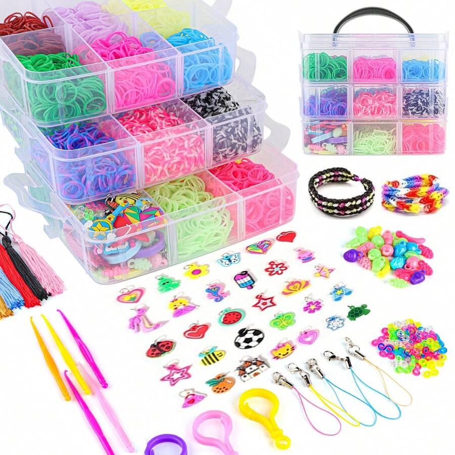 Colorful Rubber Band Bracelet Making Kit, DIY Craft Set With Storage Box, Loom Bands, Hooks, S-Clips, Charms, Tassels And Accessories For Jewelry Making And Personalized Creations - Rubber Band Braiding Kit - View 1