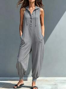 Womens Polyester Hooded Casual Sleeveless Wide Leg Jumpsuit - Grey - View 1