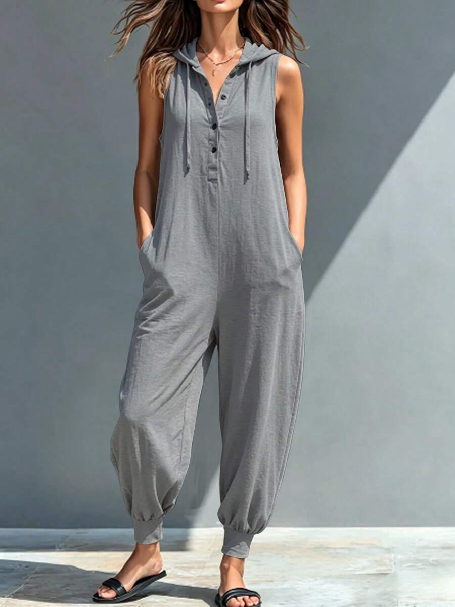 Womens Polyester Hooded Casual Sleeveless Wide Leg Jumpsuit - Grey - View 1