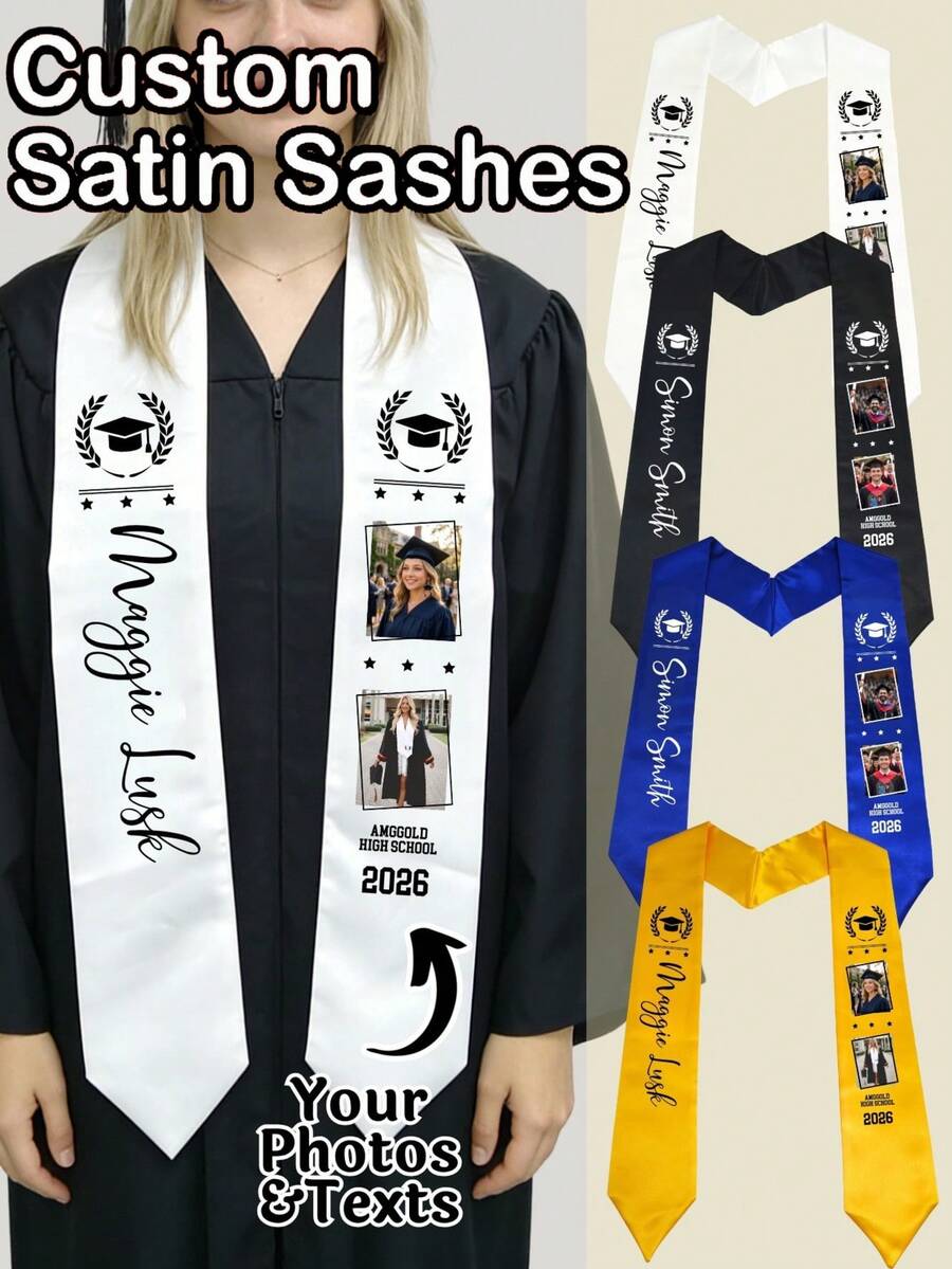 1/5/10/20/40pcs Customized Graduation Sashes, Personalized Graduation Sashes Made Of Customized Ribbons, 2026 Personalized Design, Suitable For Graduation Gowns - Customizable Text, 2026 Graduation Commemorative Gowns, Photos And Names On Ribbons, Perfect Gift For Classmates, Friends, Family And Graduates, Women's Scarves, Men's Scarves, Graduation Gifts, Graduation Decorations, Customizable Items, Party Favors, Graduation Party Decoration Essentials