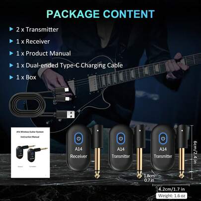 Wireless Guitar System 2.4GHz 2 Modes, Thumb-Size, 90° Rotatable, 100ft Range, Wireless Guitar Transmitter Receiver Plug & Play For Guitar, Bass, Violin, Keyboard