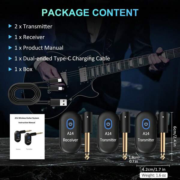 Wireless Guitar System 2.4GHz 2 Modes, Thumb-Size, 90° Rotatable, 100ft Range, Wireless Guitar Transmitter Receiver Plug & Play For Guitar, Bass, Violin, Keyboard