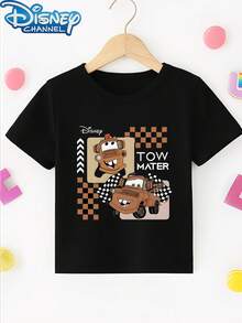 1pc Teen Boys Disney Cars Tow Mater Checkered Flag Print Short Sleeve Tshirt Boys Clothes Kids Clothes Boys Shirts Summer - 黑色 - 查看 2