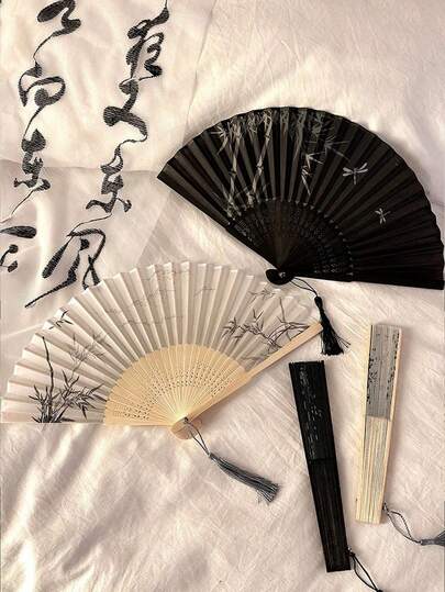 Chinese Style Folding Fan, Retro Bamboo Folding Fan, Ombre Black-Purple Color, Tassel Decor, Traditional Chinese Costume Dance Accessory, Portable Small Ladies Fan, Decorative Gift, Suitable For Graduation Season, Summer Cooling, Beach, Travel, Spring & Summer, Bridesmaid Gift, Indoor Bedroom Decor
