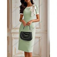 Vestido midi de mujer con cuello redondo lazo contraste elegante para fiesta de noche vestido de dama de honor ajustado con detalles de encaje nuevo diseño de moda - verde manzana - Ver 2