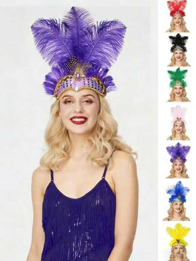 1pc Mardi Gras Artificial Feather Headpiece, Performance Headband, Beauty Pageant Headband, 1920s Flapper Headband, Suitable For Halloween