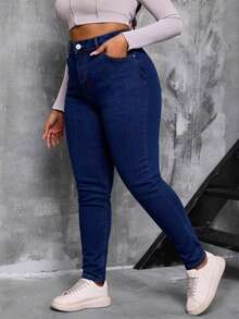 Curvy Size Skinny Jeans In Dark Wash Denim, Medium Stretch - Deep Blue - View 3