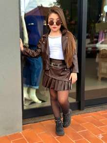 Women's Leather Set - Jacket + Skirt Shorts, Modern Style, Children's Fashion - 鏽棕色 - 查看 1
