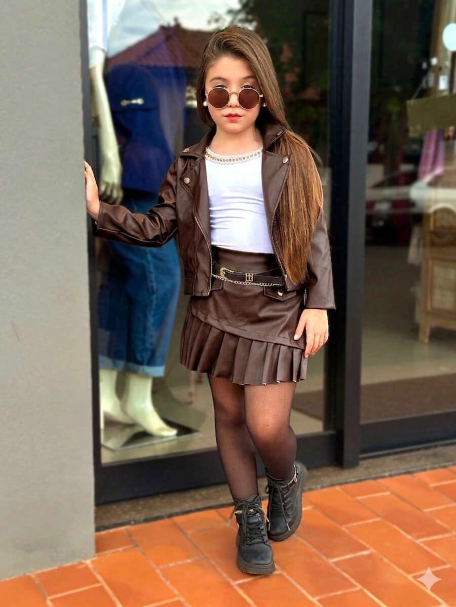Women's Leather Set - Jacket + Skirt Shorts, Modern Style, Children's Fashion - 鏽棕色 - 查看 1