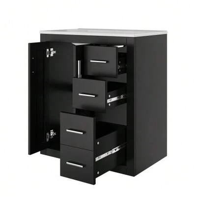 Freestanding Bathroom Cabinet Measuring 76 X 46.5 X 85.5 Cm, Fully Lacquered, With Three Silent Drawer Guides + Double Cabinet Doors, Soft-Close Hinges, Integrated Sink, Black Color.