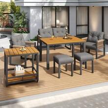 Modern Outdoor Sofa Set, Leisure And Meeting Set For Several People, Iron Frame, Woven Armrests, Includes Seat Cushions, Multifunctional Table - Grey, Natural - View 7