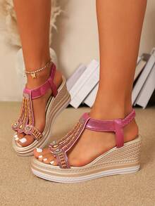 Giày sandal đế xuồng phong cách Bohemian mới năm 2025 dành cho nữ, sandal cao gót đế dày kiểu La Mã. - Màu Hồng Tươi - Xem 3
