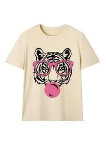 Camiseta de manga corta verde para mujer, de verano, nueva, sencilla y a la moda, con estampado de burbujas y boca de tigre, informal, holgada, versátil, de cuello redondo, ideal para el uso diario en vacaciones. - Albaricoque - Ver 2