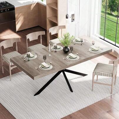 140CM-180CM Retro Rectangular Extendable Dining Table With Hidden Storage Natural Top With Same Color Embossed Center Plate For Dining Room Kitchen & Living Room Seats 4-6(Gray)