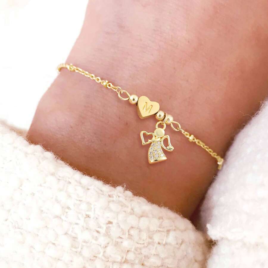 1条时尚经典心形字母天使金色不锈钢珠链手链，女士款 - 金黃色 - 查看 1