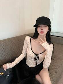 法式修身长袖上衣，波点蝴蝶结衬衫，休闲约会装，春夏款 - 白色 - 查看 3