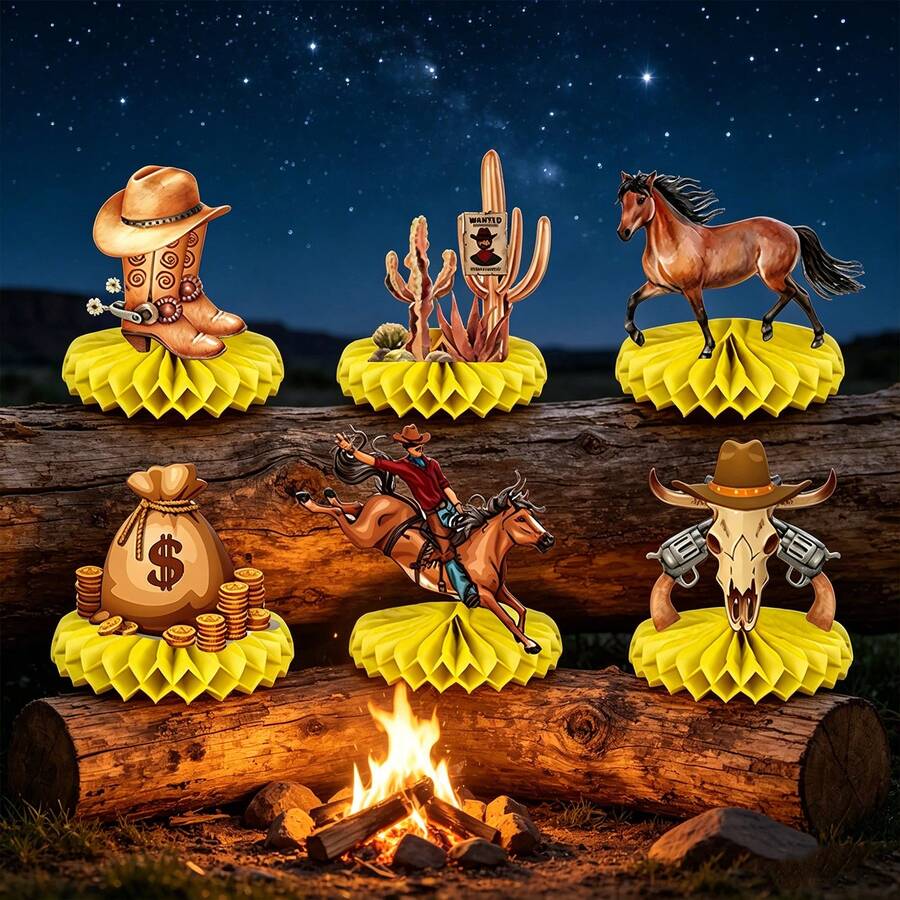 Decoración de sobremesa con forma de panal de estilo vaquero occidental, adecuada para la decoración de fiestas con temática occidental. Suministros para fiestas con temática occidental, un pequeño vaquero está llegando, adecuado para suministros de bautizo. Decoración de mantel de cumpleaños - Ver 1