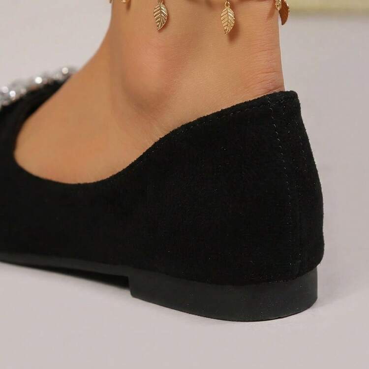 Zapatos elegantes de mujer y flats de dama confeccionados en gamuza con hebilla cuadrada de diamantes de imitación brillantes punta puntiaguda, zapatos para mujer con pedrería diseño de suela plana, zapatos cómodos de mujer suaves transpirables y ligeros estilo moda casual versátil zapatillas femeninas clásicas calzado de oficina o fiesta moderno. - Negro - Añade 7