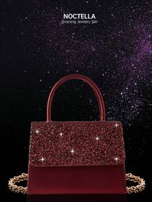 Noctella 闪亮四件套水钻首饰套装，包括吊坠项链、耳环和手链，搭配奢华闪亮亮片晚宴包/派对包，新款时尚翻盖手提包，适合派对女孩、新娘、节日礼物、婚礼手拿包、派对包，完美搭配节日派对礼服、晚礼服和亮片连衣裙。 - 酒紅色 - 查看 12