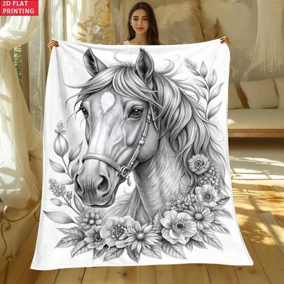 2D Printed 1pc Elegant Painted Horse Outdoor Portable Blanket - Lightweight Home Decor Blanket For Travel, Camping, Living Room, Office, Sofa, Chair And Bed - Soft Warm Digital Printed Blanket, 2D Flat Design