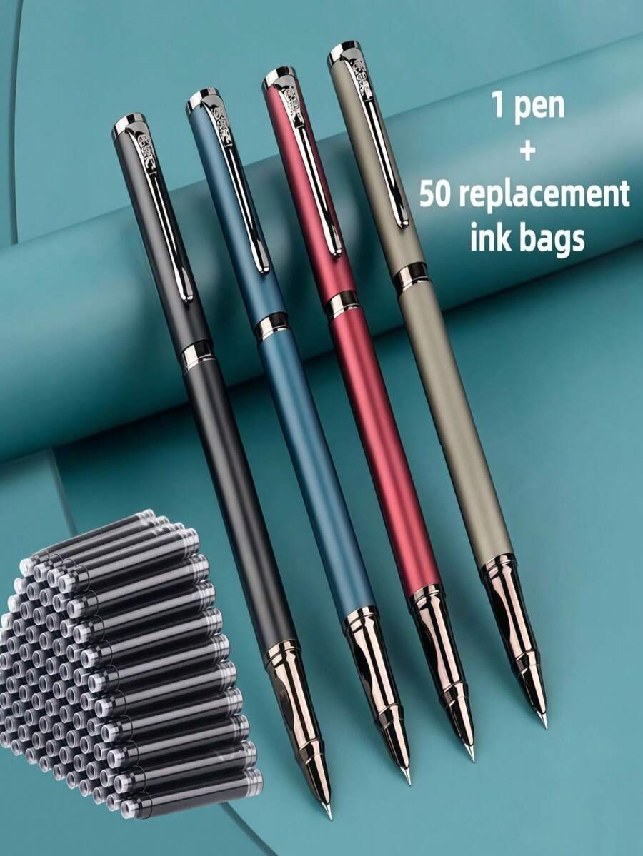 Bộ 1 bút bi + 50 hộp mực thay thế, bút bi kim loại cao cấp, thiết kế tối giản thanh lịch, viết trơn tru, lý tưởng cho việc ký tên trong kinh doanh và sử dụng cá nhân, tương thích với hộp mực 2.6mm, thích hợp làm quà tặng. - Bộ 51 món - Xem 1