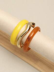 3 pièces Ensemble de bracelets joncs ronds minimalistes et élégants, accessoires de mode polyvalents pour poignet, convient pour les femmes en tenue décontractée, les vacances et le port quotidien - Jaune citron - Voir 2