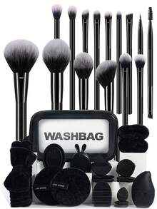 34PCS All-In-One Makeup Tools Set 15PCS Makeup Brushes Waterproof Zipper Cosmetic Bag Triangle Powder Puffs Mini & Regular Air Cushion Puffs Facial Sponges Ice Compress Cleaning Brush Hairband Wrist Straps Brush Cleaners Travel Beauty Gift Kit - Black - View 12