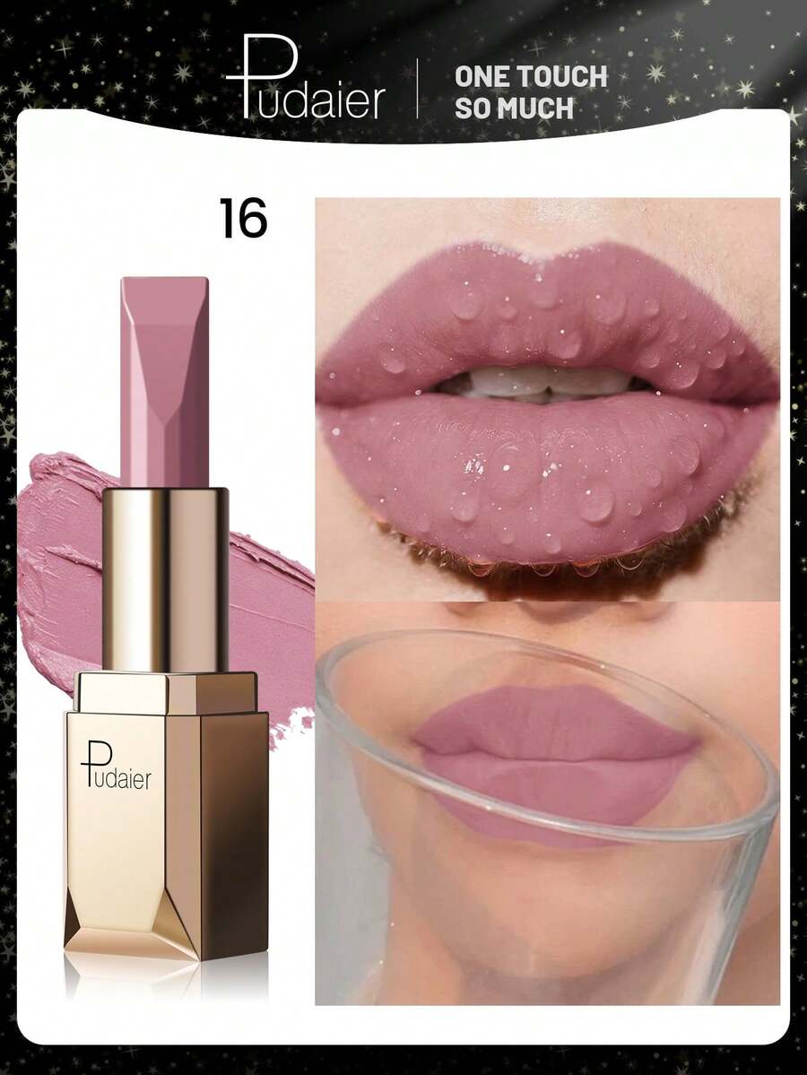 Pudaier 1pc Pink Nude Waterproof Non-Smudge Lipstick, Suitable For All Skin Tones, Perfect Valentine's Day Gift For Her - 16 - View 1