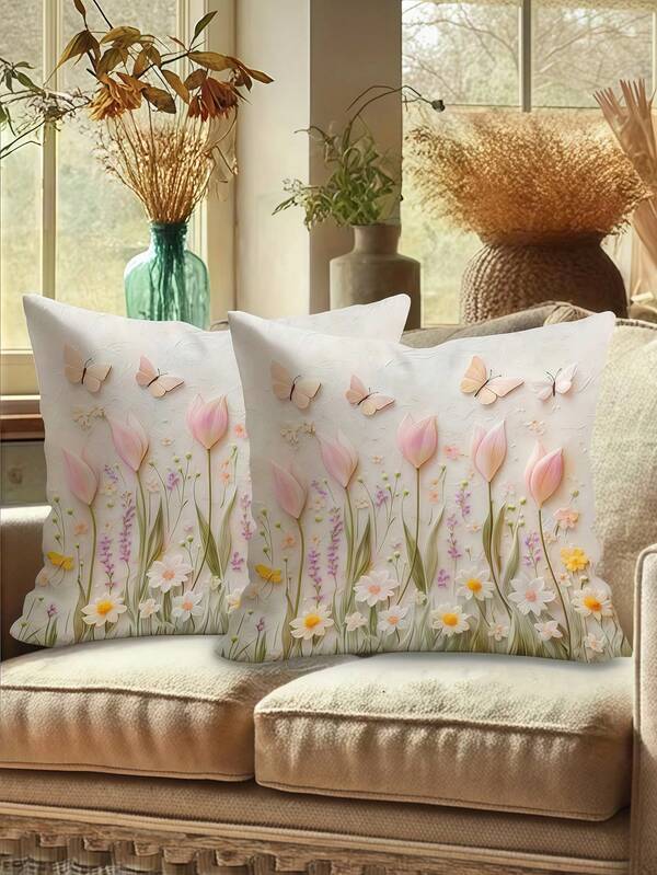 Bộ 1/2/4 vỏ gối in 2D, họa tiết gồm hoa tulip, hoa cúc, bướm và các loại hoa khác, phối màu hồng, trắng, vàng và tím. In một mặt không thêu, không bao gồm ruột gối.