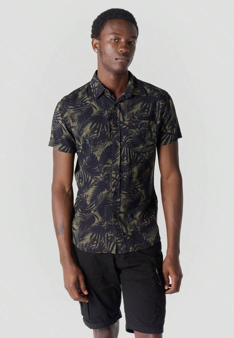 Koroshi Camisa manga corta casual estampada hombre KAKI / KHAKI S/M/L/XL/XXL/3XL estilo tropical con comodidad absoluta. Confeccionada en viscosa, ofrece una caída suave y transpirable - Caqui - Ver 1