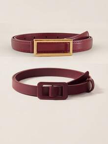 1 Set Of 4pcs Double-Sided Rectangular Buckle PU (Polyurethane) Leather Skinny Belts For Women, Elegant Vintage Style, Suitable For Jackets, Dresses, Casual Pants, Daily, Work, Party, Date - 2pc Burgundy - View 16