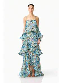 Brick Lane Co. 2026 European And American Summer And Sweet Printed Multi-Layer Cake Long Strap Dress Vacation Outfits Women Summer Outfits Women - 綠色 - 查看 1