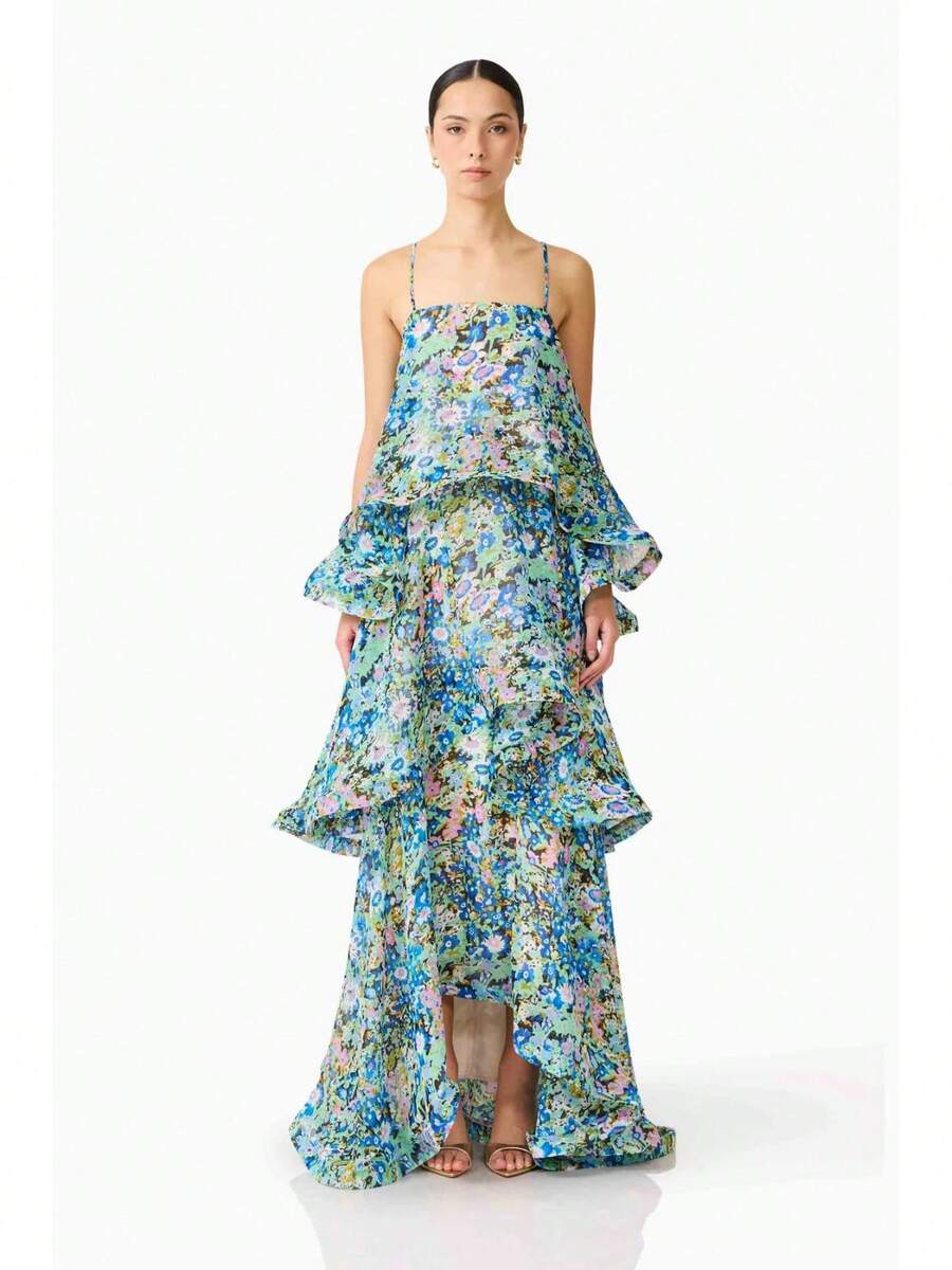 Brick Lane Co. 2026 European And American Summer And Sweet Printed Multi-Layer Cake Long Strap Dress Vacation Outfits Women Summer Outfits Women - 綠色 - 查看 1