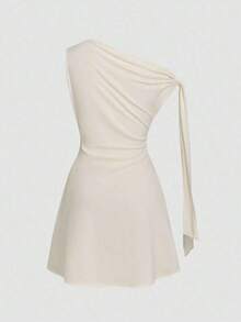 Vestido minimalista para mujer con estampado floral de tinta, hombro asimétrico con lazo, cintura ajustada - Beis - Ver 4