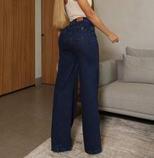 Women's Wide Leg Pants, 100% Cotton, Straight Leg, New Release, Dark Color - Dark Wash - View 5