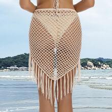 Handmade Crochet Beach Skirt Bikini With Tassels And Fishtail Design - Beige - View 3