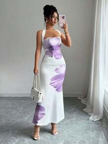 Vestido midi estampado de verano 2025 para mujer, con cuello halter y cintura ajustada. - Púrpura malva - Ver 5