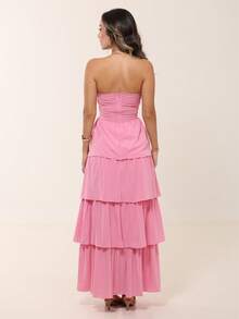 LONG DRESS WITH LAYERED RUFFLES, STRAP-FALL TWISTED AT THE BUST - 淺粉色 - 查看 2