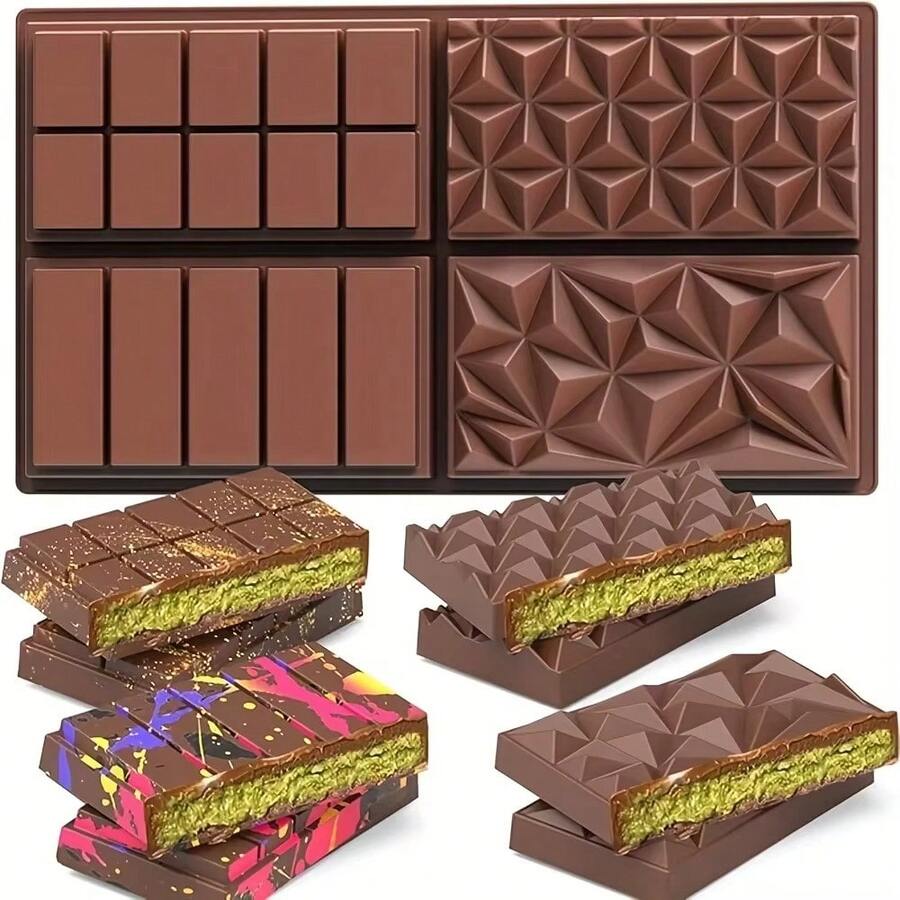 1 pieza Moldes para barras de chocolate, Moldes de silicona antiadherentes para chocolate, Moldes de silicona profundos, 4 patrones diferentes para rellenar aperitivos y barras de caramelo - Multicolor - Ver 1