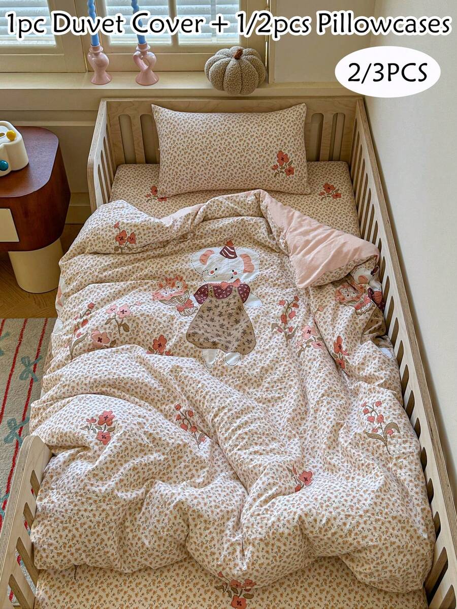 2/3件套粉色大象印花儿童床上用品套装，可爱清新花卉亚麻质感涤纶被套和枕套（小号），四季皆宜，柔软透气，可机洗，女孩卧室装饰，儿童礼物（1个被套+1/2个枕套，不含填充物）