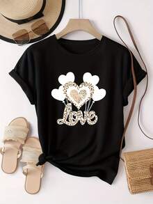 Coexistencia Salvaje y Suave, Camiseta de Mujer de Manga Corta y Cuello Redondo con Estampado de Corazones en Negro y Leopardo, Moderna y Casual, Fácil y Versátil para Ocio, Viajes y Vacaciones 13419 - Negro - Ver 5