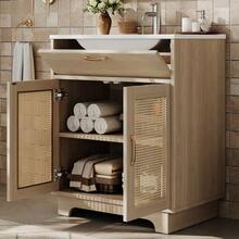 Freestanding Bathroom Cabinet Measuring 76x46x88cm, Moisture Resistant, With Liftable Drawers And Soft-Close Double Doors, High Legs With Rattan Details, Ceramic Sink, Natural Color. - 自然色 - 查看 4