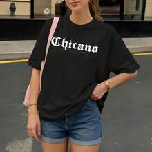 Camiseta Oversize Negra con Estampado  para Mujer Casual Urbana - Negro - Ver 3