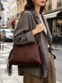 新款时尚女士单肩包，纯色简约流苏设计，高档PU皮革材质，优雅单肩/手提包，适合约会、购物等多种场合，精致百搭。 - 咖啡 - 查看 3