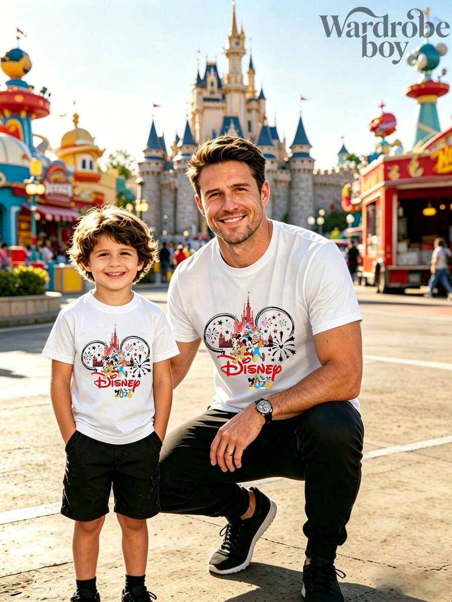 A Disney-Licensed Cartoon Short-Sleeve T-Shirt Featuring The Mickey Mouse Family And Disney Castle Fireworks Pattern, Perfect For Family Trips And Vacations. This Is A New Short-Sleeve T-Shirt For 2026, An Ideal Choice For Father's Day, Suitable For Both Men And Women. Made Of High-Quality Pure Cotton, Comfortable And Breathable. Exquisitely Designed, A Top Choice For A Gift. - 男人 - 查看 1