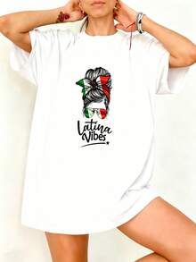 Camiseta Blanca con Estampado de Cabello y Gafas Italianas Latina Vibes para Mujer Casual - Blanco - Ver 1
