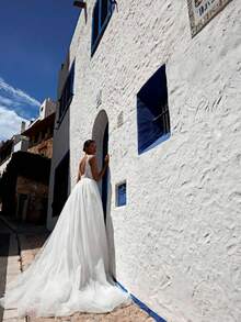 Beaded Bodice With Side Slit A-Line White Wedding Dress And Sheer Back – Luxe Floor-Length Bridal Gown With Elegant Silhouette And Flowing Train, Perfect For Weddings, Christmas, Halloween, Balls, Birthday Celebrations, And Special Events. Suitable For Ceremonies, Parties, Vacations, Formal Gatherings, Evening Galas, Prom Dresses, Homecoming Dresses, Cocktail Events, Bridal Party Attire, Wedding Guest Outfits, And Graduation Occasions. - trắng - Xem 4